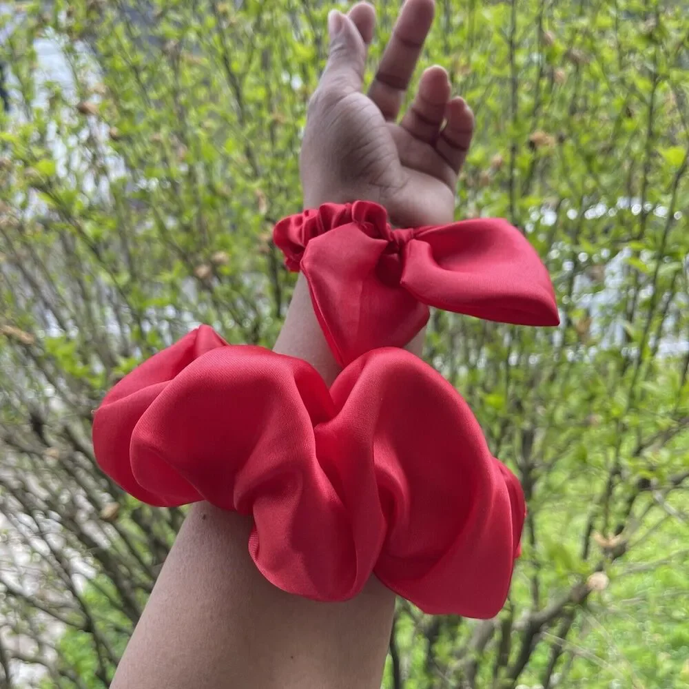 2 New Satin Scrunchie Hair Tie Red